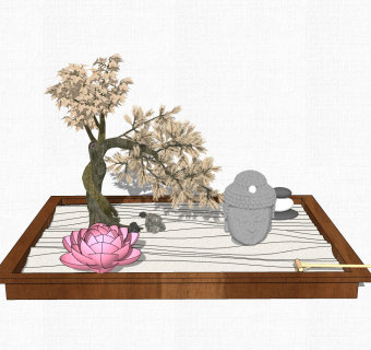 中式禅意枯山水园艺小品草图大师模型，禅意枯山水园艺小品sketchup模型免费下载
