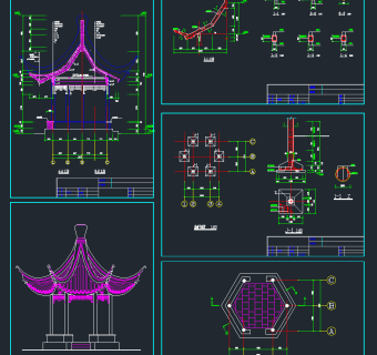 全新六角亭CAD施工图，六角亭CAD建筑图纸下载