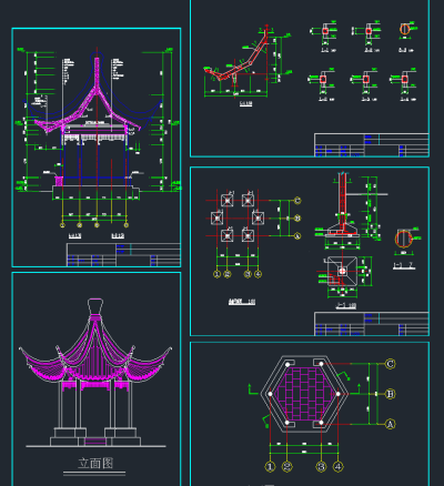 全新六角亭CAD施工图，六角亭CAD建筑图纸下载