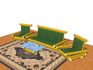 现代竹制品草图大师模型，桌椅组合su模型下载