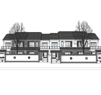 中式联排别墅su模型，别墅sketchup模型下载