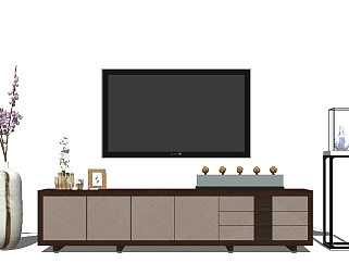 新中式实木电视柜组合su模型，电视柜草图大师模型下载