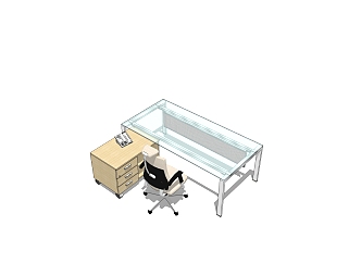 现代玻璃班台桌草图大师模型，班台桌skp模型下载