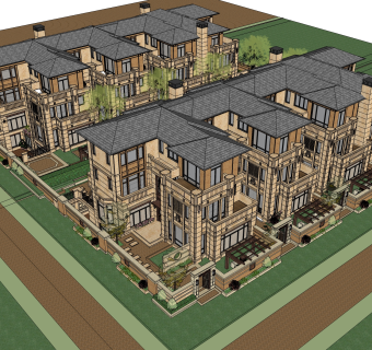 欧式联排别墅su模型，别墅sketchup模型下载