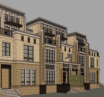 新古典连排别墅su模型免费下载，sketchup别墅草图大师模型