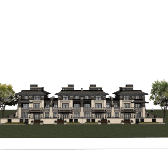 中式联排别墅su模型，别墅skb文件下载