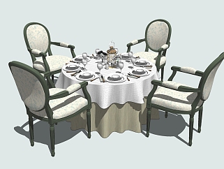 32<em>美式</em>圆形餐桌椅su模型，餐桌sketchup模型下载