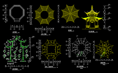 中式古建亭廊cad施工图，观景亭cad景观亭下载