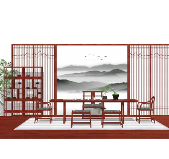 新中式茶室草图大师模型，茶室skp模型下载
