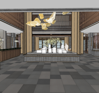 中式售楼处sketchup模型，销售中心skp模型下载