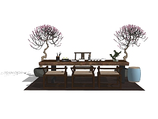 中式桌椅组合su模型，桌椅组合草图大师模型下载