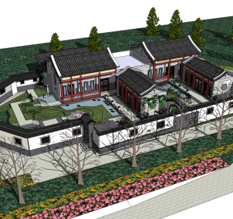 中式别墅建筑草图大师模型，古建民俗sketchup模型免费下载