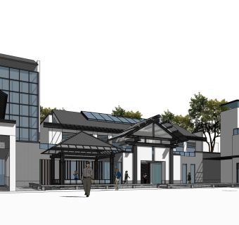 中式办公楼外观草图大师模型，办公楼外观sketchup模型免费下载