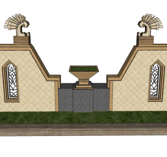 中式景观墙sketchup模型下载，景观墙草图大师模型
