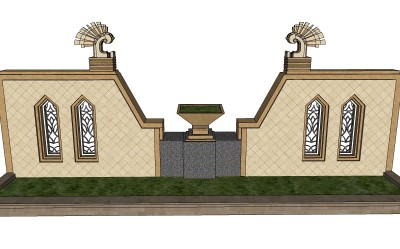 中式景观墙sketchup模型下载，景观墙草图大师模型