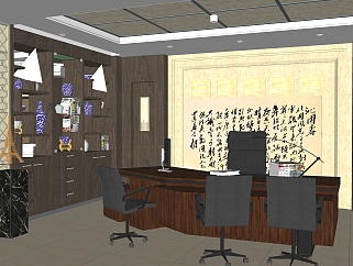 新中式经理办公室sketchup模型，总经理室skp模型下载