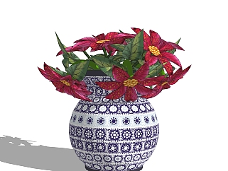 古典陶瓷花瓶su模型，一品红花艺草图大师模型下载