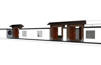 中式院门院墙草图大师模型，院门院墙sketchup模型免费下载