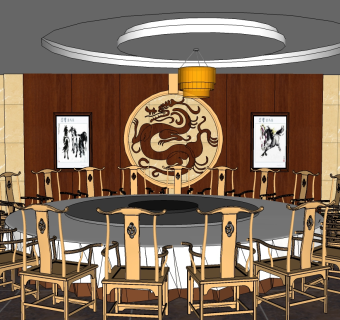 新中式宴会餐桌椅免费su模型下载、新中式宴会餐桌椅草图大师模型下载