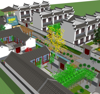 新中式度假村草图大师模型，度假村sketchup模型免费下载