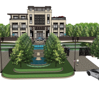 新中式会所建筑草图大师模型，sketchup模型免费下载