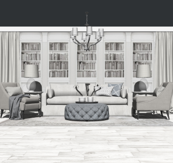 美式布艺沙发组合su模型，沙发组合skp模型下载