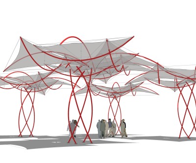 现代张拉膜雨棚skp文件下载，雨棚草图大师模型下载
