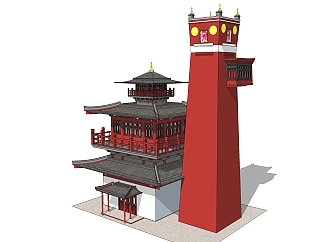 中式古建阁楼免费su模型下载、阁楼草图大师模型下载