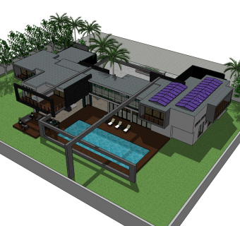 欧式独栋泳池别墅草图大师模型，别墅SU模型下载