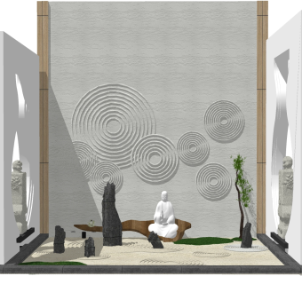 中式禅意枯山水园艺小品草图大师模型，禅意枯山水园艺小品sketchup模型下载