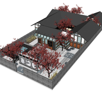 中式古建筑院落草图大师模型，古建民俗sketchup模型免费下载