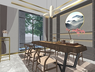 新中式客<em>餐厅</em>免费su模型，客厅skp模型下载