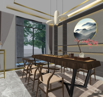 新中式客餐厅免费su模型，客厅skp模型下载