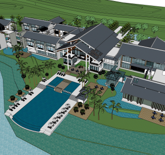 中式度假酒店su模型，度假酒店skp模型下载