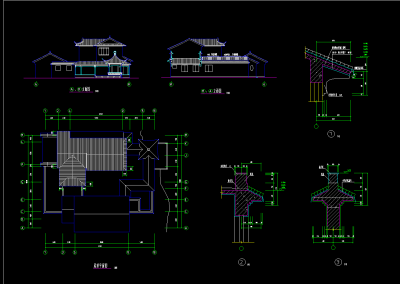 三套古建别墅建筑图，别墅CAD建筑图纸下载