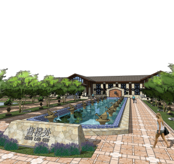 新中式售楼处建筑方案草图大师模型，售楼部建筑sketchup模型免费下载