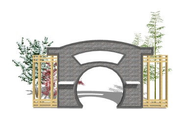 新中式月亮门景观墙草图大师模型，月亮门景观墙sketchup模型下载