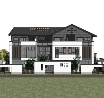 中式联排别墅su模型，别墅sketchup模型下载