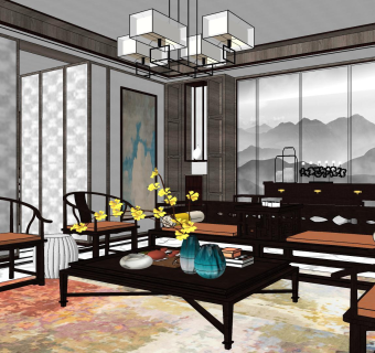 新中式别墅客餐厅su模型，别墅客厅sketchup模型下载