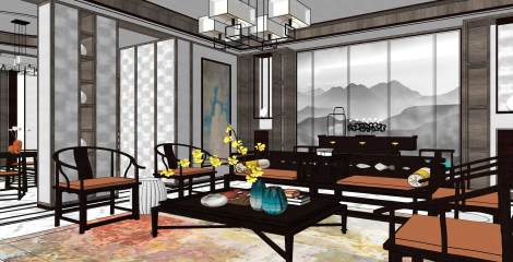 新中式别墅客餐厅su模型，别墅客厅sketchup模型下载