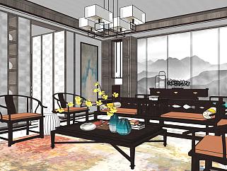 新中式别墅客餐厅su模型，别墅客厅sketchup模型下载