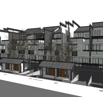 新中式徽派建筑草图大师模型，古建民俗sketchup模型免费下载