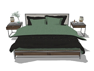 新中式床柜组合草图大师模型，床柜组合sketchup模型...