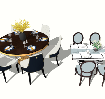 现代美式餐桌椅组合su模型，餐桌sketchup模型下载