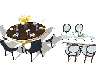 现代美式餐桌椅组合su模型，餐桌sketchup模型下载