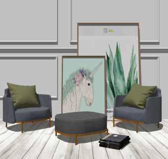 北欧单人沙发组合su模型，单人沙发组合skp模型下载