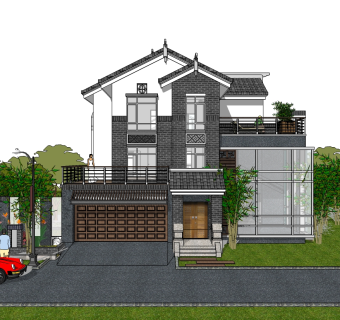 中式别墅su模型下载、中式别墅草图大师模型下载