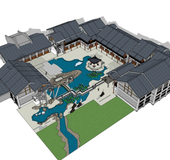 中式古建筑院落草图大师模型，古建民俗sketchup模型免费下载