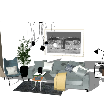 现代布艺休闲沙发组合su模型，布艺沙发sketchup模型下载