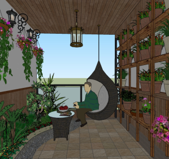 现代阳台花园景观草图大师模型，阳台花园景观sketchup模型下载